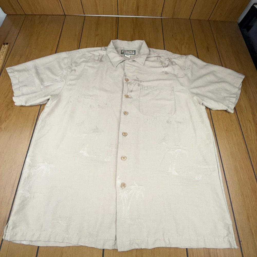 Big Dogs Resort Wear Silk Tropical Hawaiian Shirt Sand Beige Mens L